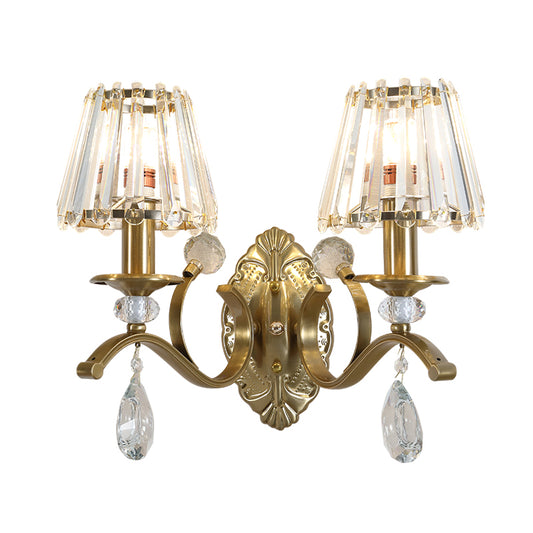 Gold Metallic Wall Lamp Vintage Style Conical 1/2-Light Sconce Lighting with Teardrop Crystal Decoration Clearhalo 'Modern wall lights' 'Modern' 'Wall Lamps & Sconces' 'Wall Lights' Lighting' 153013