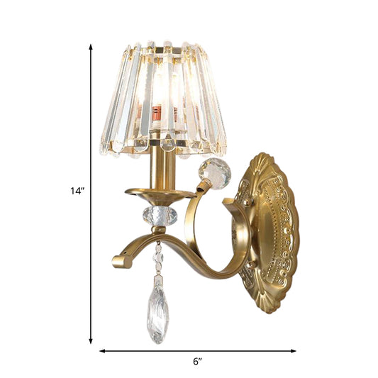 Gold Metallic Wall Lamp Vintage Style Conical 1/2-Light Sconce Lighting with Teardrop Crystal Decoration Clearhalo 'Modern wall lights' 'Modern' 'Wall Lamps & Sconces' 'Wall Lights' Lighting' 153019