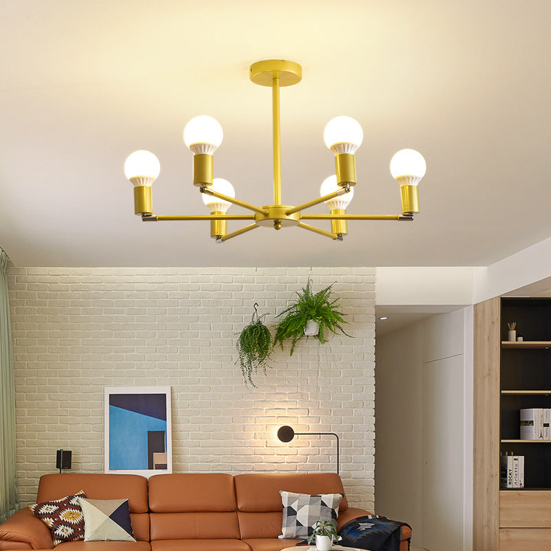 Modern Radial Metal Chandelier 3/4/6 Lights Hanging Ceiling Light in Gold for Bedroom with Bare Bulb 6 Gold Clearhalo 'Ceiling Lights' 'Chandeliers' 'Modern Chandeliers' 'Modern' Lighting' 153044