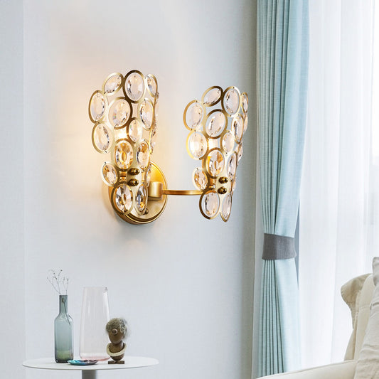 Circles Wall Sconce Light Modern Metal 2 Lights Wall Mounted Lamp with Clear Crystal Deco in Gold for Bedroom Clearhalo 'Modern wall lights' 'Modern' 'Wall Lamps & Sconces' 'Wall Lights' Lighting' 153081