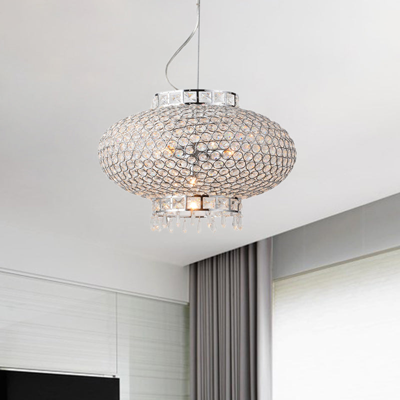 Chrome Finish Lantern Chandelier Lighting Contemporary Metal 4 Lights Hanging Light with Clear Crystal Bead Clearhalo 'Ceiling Lights' 'Chandeliers' 'Modern Chandeliers' 'Modern' Lighting' 153104