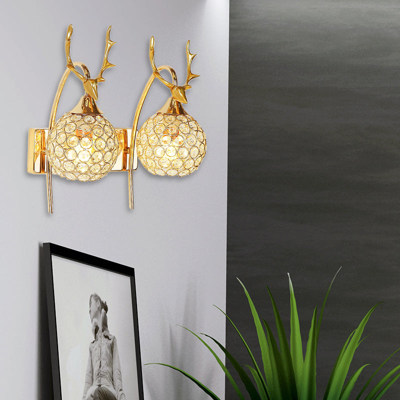 Metal Deer Head Wall Sconce Lodge Style 1/2-Bulb Wall Mount Light with Crystal Dome Shade in Chrome/Gold Clearhalo 'Modern wall lights' 'Modern' 'Wall Lamps & Sconces' 'Wall Lights' Lighting' 153109