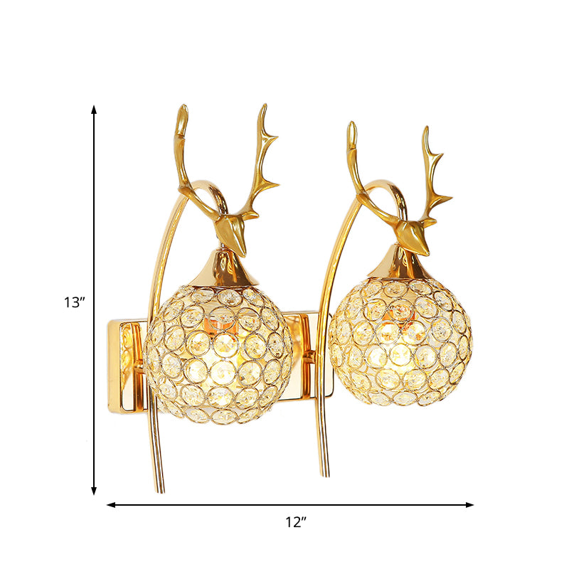 Metal Deer Head Wall Sconce Lodge Style 1/2-Bulb Wall Mount Light with Crystal Dome Shade in Chrome/Gold Clearhalo 'Modern wall lights' 'Modern' 'Wall Lamps & Sconces' 'Wall Lights' Lighting' 153111