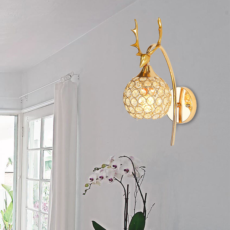 Metal Deer Head Wall Sconce Lodge Style 1/2-Bulb Wall Mount Light with Crystal Dome Shade in Chrome/Gold 1.0 Gold Clearhalo 'Modern wall lights' 'Modern' 'Wall Lamps & Sconces' 'Wall Lights' Lighting' 153112