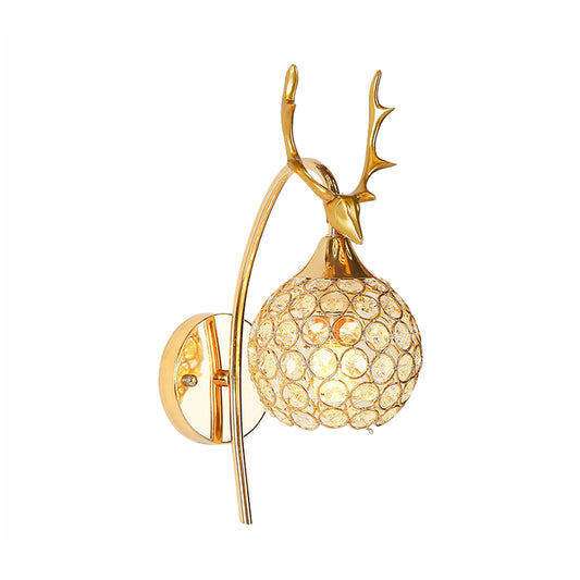 Metal Deer Head Wall Sconce Lodge Style 1/2-Bulb Wall Mount Light with Crystal Dome Shade in Chrome/Gold Clearhalo 'Modern wall lights' 'Modern' 'Wall Lamps & Sconces' 'Wall Lights' Lighting' 153114