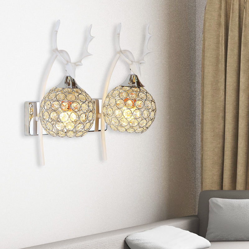 Metal Deer Head Wall Sconce Lodge Style 1/2-Bulb Wall Mount Light with Crystal Dome Shade in Chrome/Gold 2.0 Chrome Clearhalo 'Modern wall lights' 'Modern' 'Wall Lamps & Sconces' 'Wall Lights' Lighting' 153116