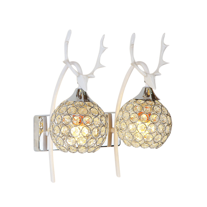 Metal Deer Head Wall Sconce Lodge Style 1/2-Bulb Wall Mount Light with Crystal Dome Shade in Chrome/Gold Clearhalo 'Modern wall lights' 'Modern' 'Wall Lamps & Sconces' 'Wall Lights' Lighting' 153118