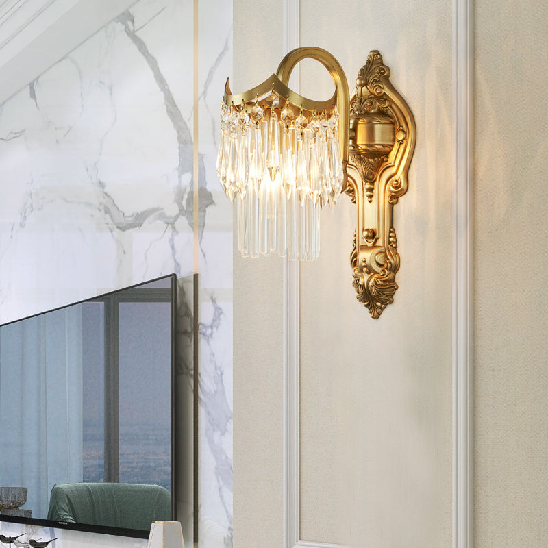 Metal Gooseneck Arm Wall Lamp Contemporary 1 Head Sconce Light with Clear Crystal Prism in Gold for Corridor Gold Clearhalo 'Modern wall lights' 'Modern' 'Wall Lamps & Sconces' 'Wall Lights' Lighting' 153135