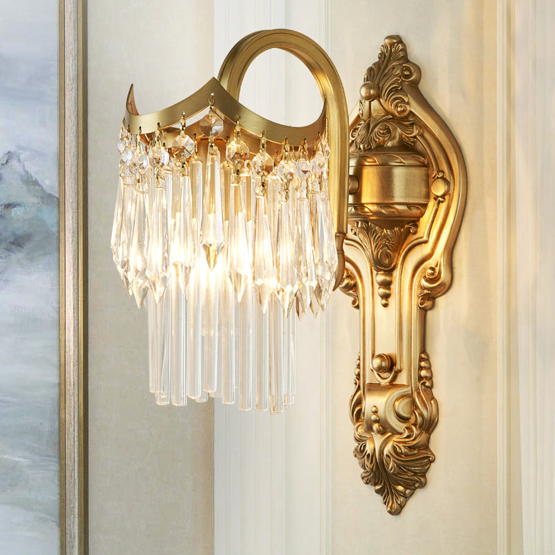 Metal Gooseneck Arm Wall Lamp Contemporary 1 Head Sconce Light with Clear Crystal Prism in Gold for Corridor Clearhalo 'Modern wall lights' 'Modern' 'Wall Lamps & Sconces' 'Wall Lights' Lighting' 153136