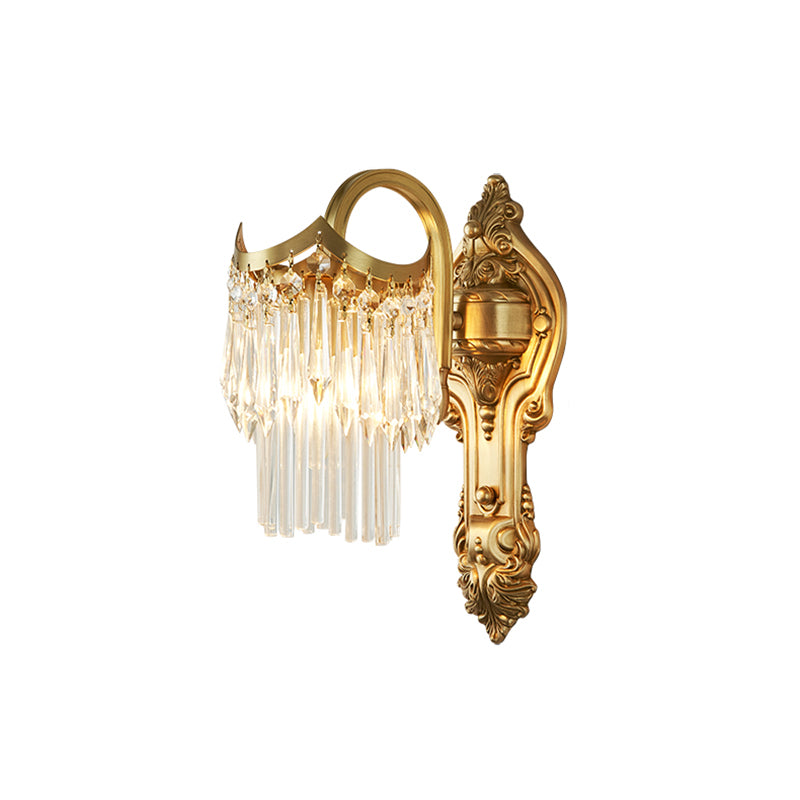 Metal Gooseneck Arm Wall Lamp Contemporary 1 Head Sconce Light with Clear Crystal Prism in Gold for Corridor Clearhalo 'Modern wall lights' 'Modern' 'Wall Lamps & Sconces' 'Wall Lights' Lighting' 153137