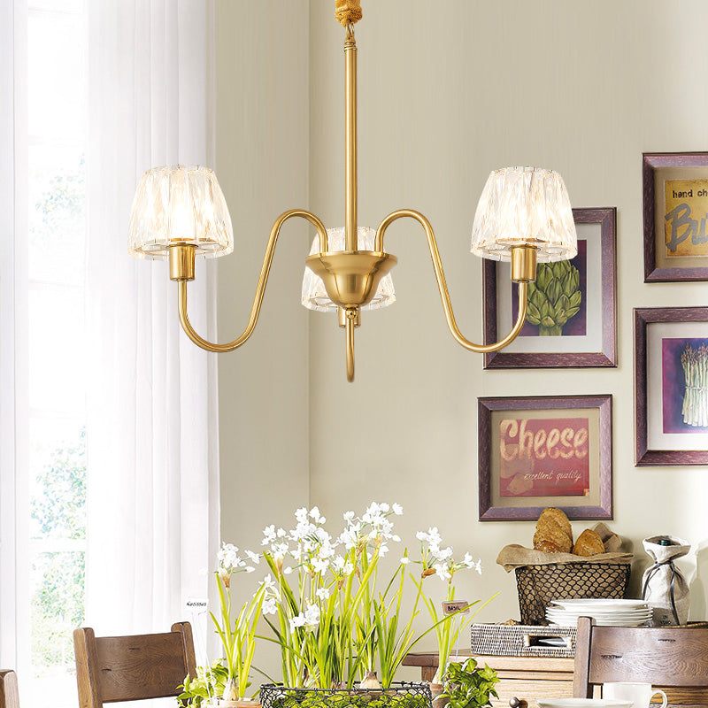 Brushed Brass Cone Hanging Ceiling Light Modern Crystal 3/6/8 Lights Suspension Light with Curved Arm Clearhalo 'Ceiling Lights' 'Chandeliers' 'Modern Chandeliers' 'Modern' Lighting' 153141