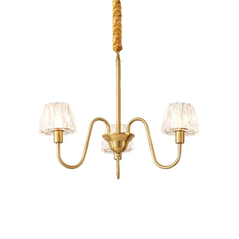 Brushed Brass Cone Hanging Ceiling Light Modern Crystal 3/6/8 Lights Suspension Light with Curved Arm Clearhalo 'Ceiling Lights' 'Chandeliers' 'Modern Chandeliers' 'Modern' Lighting' 153142