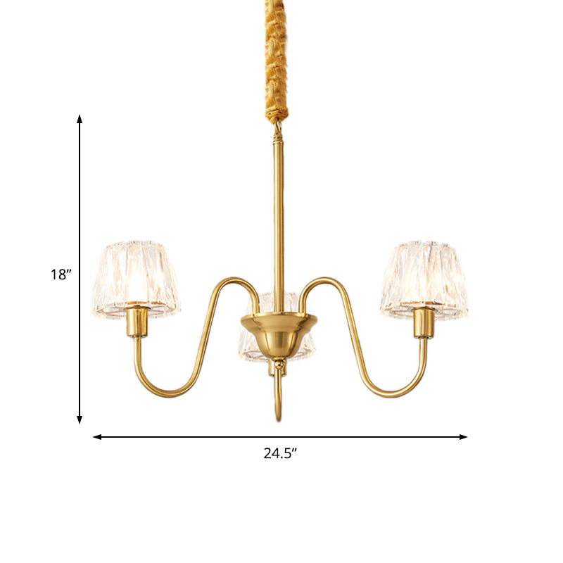 Brushed Brass Cone Hanging Ceiling Light Modern Crystal 3/6/8 Lights Suspension Light with Curved Arm Clearhalo 'Ceiling Lights' 'Chandeliers' 'Modern Chandeliers' 'Modern' Lighting' 153143