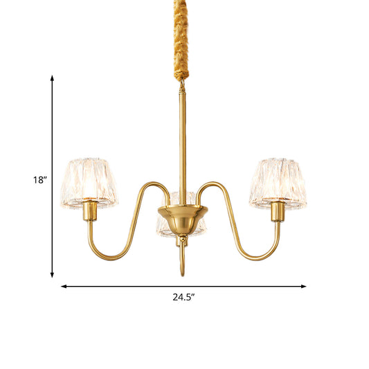 Brushed Brass Cone Hanging Ceiling Light Modern Crystal 3/6/8 Lights Suspension Light with Curved Arm Clearhalo 'Ceiling Lights' 'Chandeliers' 'Modern Chandeliers' 'Modern' Lighting' 153143