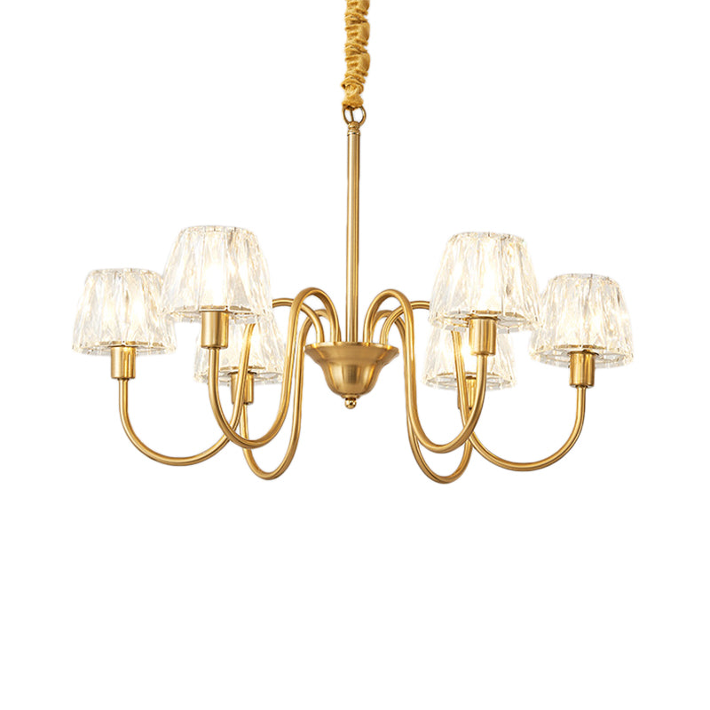 Brushed Brass Cone Hanging Ceiling Light Modern Crystal 3/6/8 Lights Suspension Light with Curved Arm Clearhalo 'Ceiling Lights' 'Chandeliers' 'Modern Chandeliers' 'Modern' Lighting' 153146