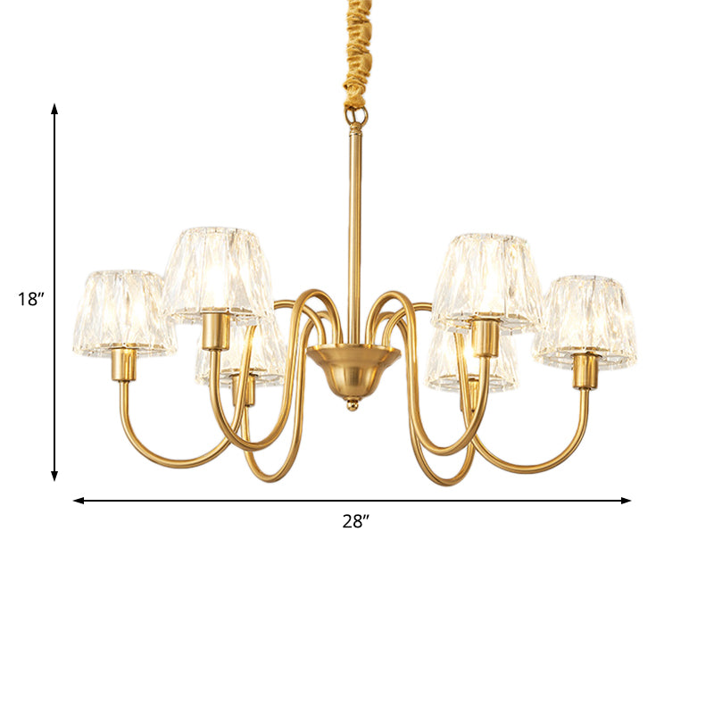 Brushed Brass Cone Hanging Ceiling Light Modern Crystal 3/6/8 Lights Suspension Light with Curved Arm Clearhalo 'Ceiling Lights' 'Chandeliers' 'Modern Chandeliers' 'Modern' Lighting' 153147