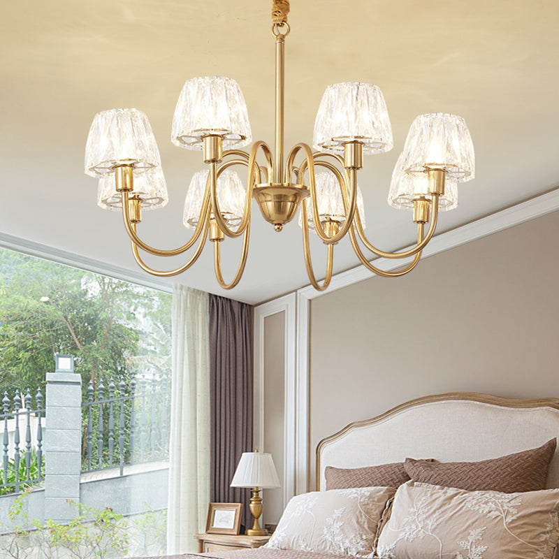 Brushed Brass Cone Hanging Ceiling Light Modern Crystal 3/6/8 Lights Suspension Light with Curved Arm 8 Brushed Brass Clearhalo 'Ceiling Lights' 'Chandeliers' 'Modern Chandeliers' 'Modern' Lighting' 153148