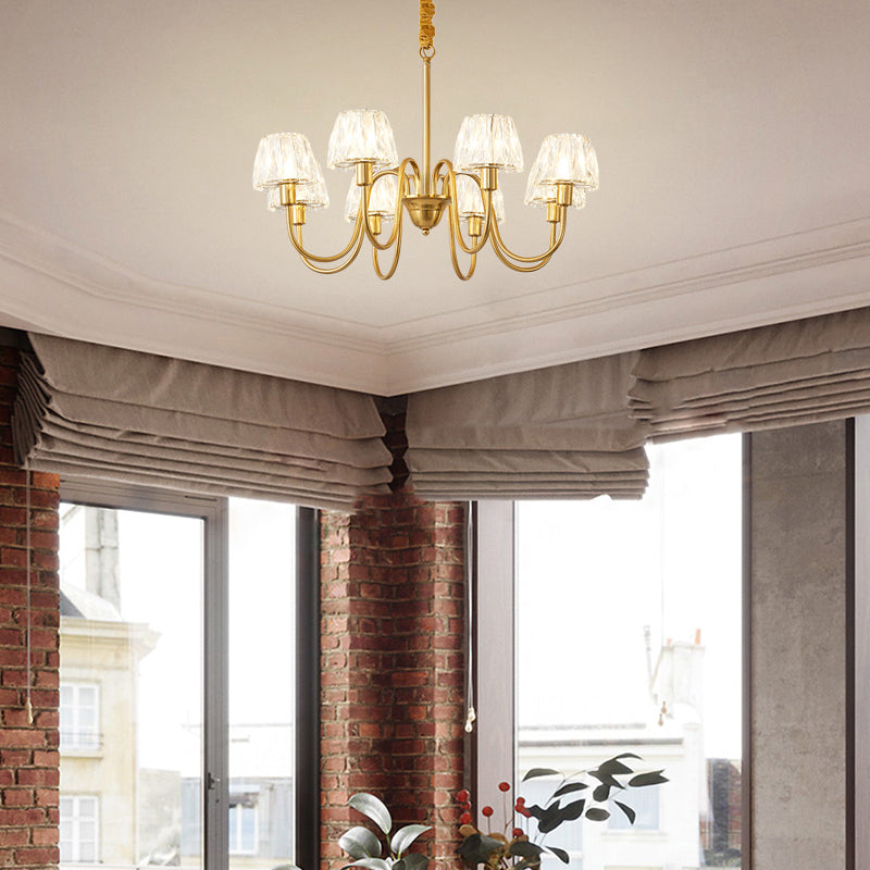 Brushed Brass Cone Hanging Ceiling Light Modern Crystal 3/6/8 Lights Suspension Light with Curved Arm Clearhalo 'Ceiling Lights' 'Chandeliers' 'Modern Chandeliers' 'Modern' Lighting' 153149