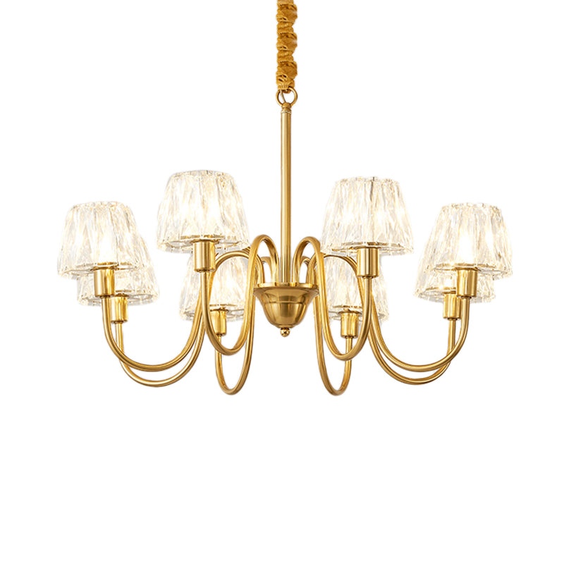 Brushed Brass Cone Hanging Ceiling Light Modern Crystal 3/6/8 Lights Suspension Light with Curved Arm Clearhalo 'Ceiling Lights' 'Chandeliers' 'Modern Chandeliers' 'Modern' Lighting' 153150