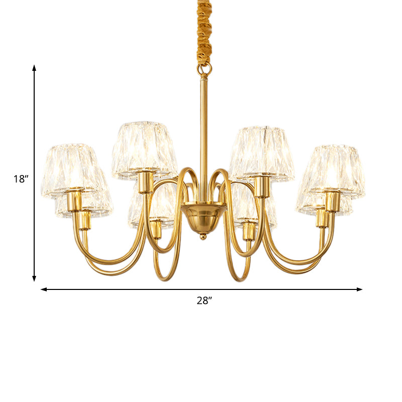 Brushed Brass Cone Hanging Ceiling Light Modern Crystal 3/6/8 Lights Suspension Light with Curved Arm Clearhalo 'Ceiling Lights' 'Chandeliers' 'Modern Chandeliers' 'Modern' Lighting' 153151