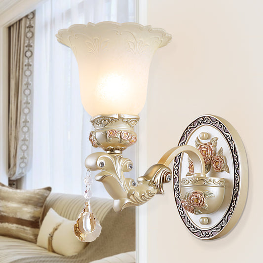 1/2-Bulb Petal Wall Light Sconce Vintage Style Glass Wall Lamp with Carved Backplate in Ivory for Living Room Clearhalo 'Modern wall lights' 'Modern' 'Wall Lamps & Sconces' 'Wall Lights' Lighting' 153163