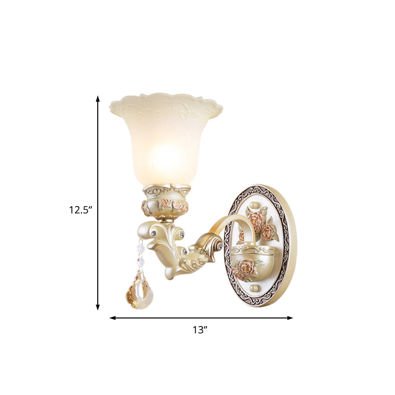 1/2-Bulb Petal Wall Light Sconce Vintage Style Glass Wall Lamp with Carved Backplate in Ivory for Living Room Clearhalo 'Modern wall lights' 'Modern' 'Wall Lamps & Sconces' 'Wall Lights' Lighting' 153165