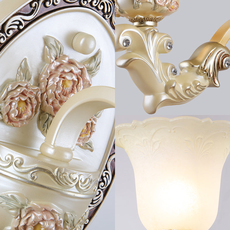 1/2-Bulb Petal Wall Light Sconce Vintage Style Glass Wall Lamp with Carved Backplate in Ivory for Living Room Clearhalo 'Modern wall lights' 'Modern' 'Wall Lamps & Sconces' 'Wall Lights' Lighting' 153166