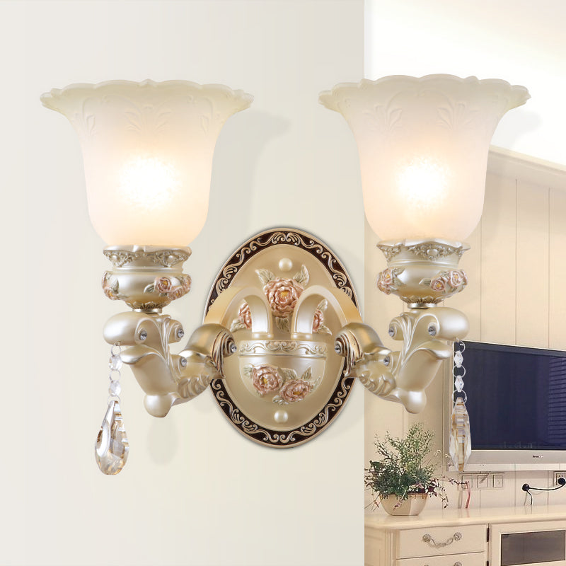 1/2-Bulb Petal Wall Light Sconce Vintage Style Glass Wall Lamp with Carved Backplate in Ivory for Living Room 2.0 Ivory Clearhalo 'Modern wall lights' 'Modern' 'Wall Lamps & Sconces' 'Wall Lights' Lighting' 153167