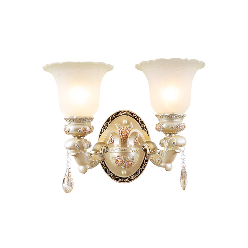 1/2-Bulb Petal Wall Light Sconce Vintage Style Glass Wall Lamp with Carved Backplate in Ivory for Living Room Clearhalo 'Modern wall lights' 'Modern' 'Wall Lamps & Sconces' 'Wall Lights' Lighting' 153169