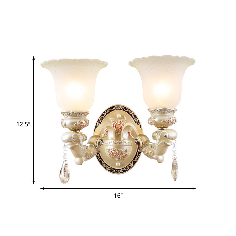 1/2-Bulb Petal Wall Light Sconce Vintage Style Glass Wall Lamp with Carved Backplate in Ivory for Living Room Clearhalo 'Modern wall lights' 'Modern' 'Wall Lamps & Sconces' 'Wall Lights' Lighting' 153170