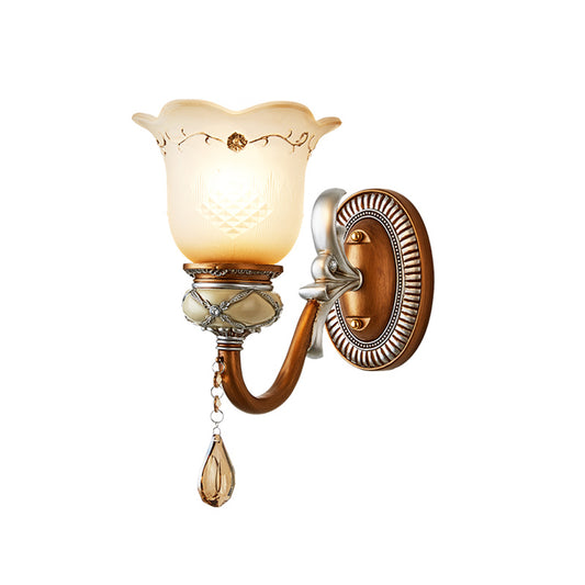 Lodge Style Flower Wall Lamp Frosted Glass 1/2-Bulb Sconce Lighting with Teardrop Crystal Deco and Metal Arm in Gold Clearhalo 'Wall Lamps & Sconces' 'Wall Lights' Lighting' 153201