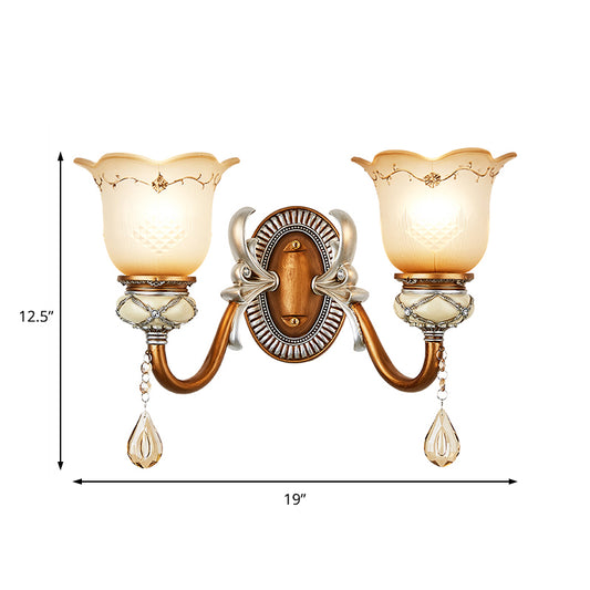 Lodge Style Flower Wall Lamp Frosted Glass 1/2-Bulb Sconce Lighting with Teardrop Crystal Deco and Metal Arm in Gold Clearhalo 'Wall Lamps & Sconces' 'Wall Lights' Lighting' 153207