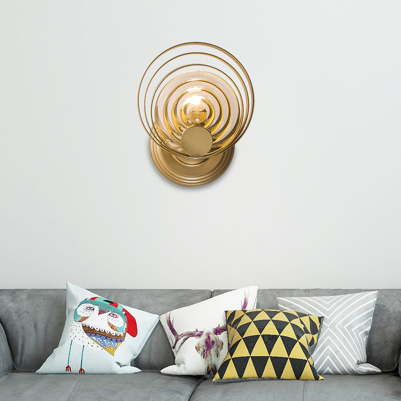 Metallic Circular Wall Light Modern 1/2-Light Wall Lamp Fixture with Ripple Glass Shade in Gold for Living Room Clearhalo 'Cast Iron' 'Glass' 'Industrial' 'Modern wall lights' 'Modern' 'Tiffany' 'Traditional wall lights' 'Wall Lamps & Sconces' 'Wall Lights' Lighting' 153215