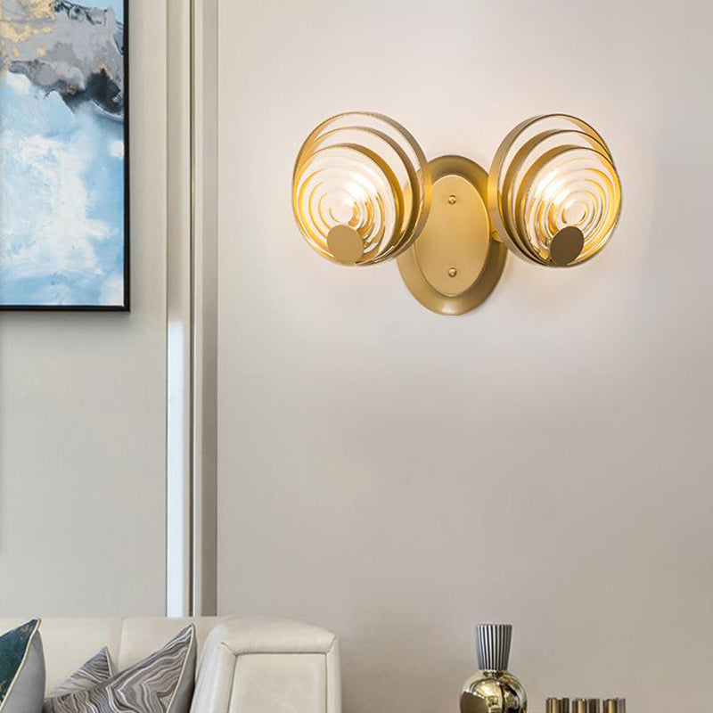 Metallic Circular Wall Light Modern 1/2-Light Wall Lamp Fixture with Ripple Glass Shade in Gold for Living Room Clearhalo 'Cast Iron' 'Glass' 'Industrial' 'Modern wall lights' 'Modern' 'Tiffany' 'Traditional wall lights' 'Wall Lamps & Sconces' 'Wall Lights' Lighting' 153219