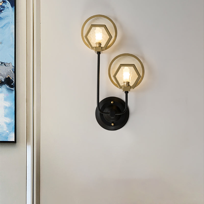 Metal Geometric Wall Sconce Light Vintage Style 1/2-Light Wall Lamp with Water Glass Shade in Black Finish 2.0 Black Clearhalo 'Cast Iron' 'Glass' 'Industrial' 'Modern wall lights' 'Modern' 'Tiffany' 'Traditional wall lights' 'Wall Lamps & Sconces' 'Wall Lights' Lighting' 153226