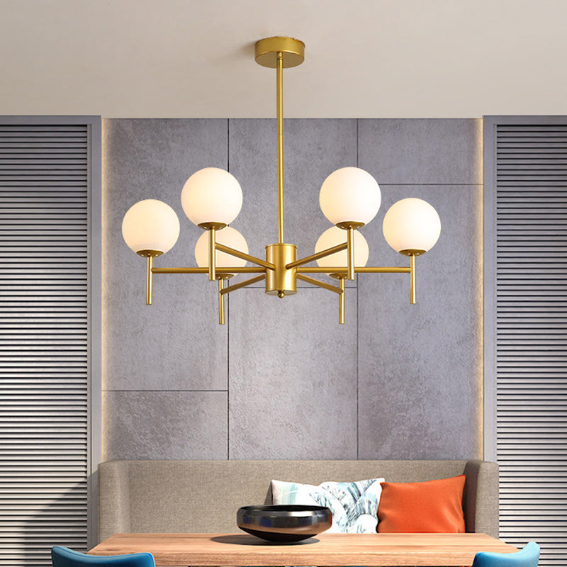 Black/Gold Globe Chandelier Lighting with Radial Design Contemporary 6/8/9 Lights Milk Glass Chandelier Hanging Lamp 6 Gold Clearhalo 'Ceiling Lights' 'Chandeliers' 'Glass shade' 'Glass' 'Modern Chandeliers' 'Modern' Lighting' 153245