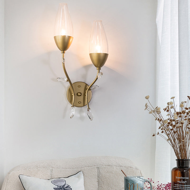 1/2-Bulb Mini Wall Lighting Modern Metallic Sconce Light with Crystal Leaf Design in Gold Finish for Bedroom 2.0 Gold Clearhalo 'Cast Iron' 'Glass' 'Industrial' 'Modern wall lights' 'Modern' 'Tiffany' 'Traditional wall lights' 'Wall Lamps & Sconces' 'Wall Lights' Lighting' 153261