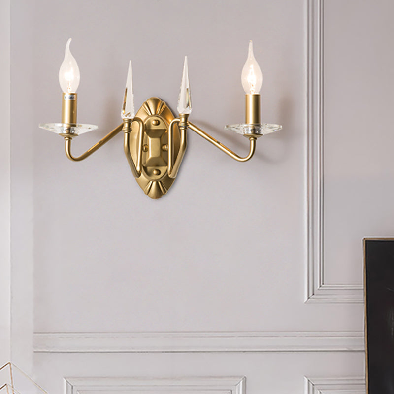 Iron Candle Wall Light Sconce Modern 2 Heads Sconce Lighting with Crystal Decoration in Gold Finish Clearhalo 'Modern wall lights' 'Modern' 'Wall Lamps & Sconces' 'Wall Lights' Lighting' 153266