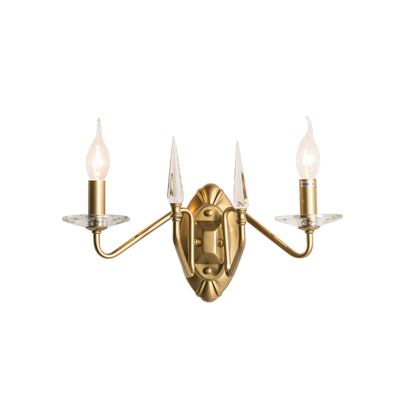 Iron Candle Wall Light Sconce Modern 2 Heads Sconce Lighting with Crystal Decoration in Gold Finish Clearhalo 'Modern wall lights' 'Modern' 'Wall Lamps & Sconces' 'Wall Lights' Lighting' 153267