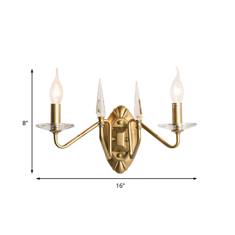 Iron Candle Wall Light Sconce Modern 2 Heads Sconce Lighting with Crystal Decoration in Gold Finish Clearhalo 'Modern wall lights' 'Modern' 'Wall Lamps & Sconces' 'Wall Lights' Lighting' 153268