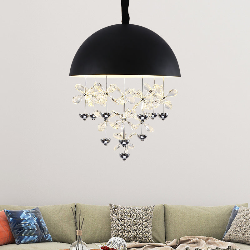 6/10 Lights Domed Pendant Light Modern Metal Hanging Ceiling Light with Crystal Flower Deco in Black/White Clearhalo 'Ceiling Lights' 'Chandeliers' 'Modern Chandeliers' 'Modern' Lighting' 153353