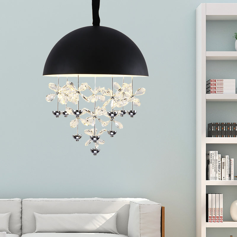 6/10 Lights Domed Pendant Light Modern Metal Hanging Ceiling Light with Crystal Flower Deco in Black/White Black 14" Clearhalo 'Ceiling Lights' 'Chandeliers' 'Modern Chandeliers' 'Modern' Lighting' 153355