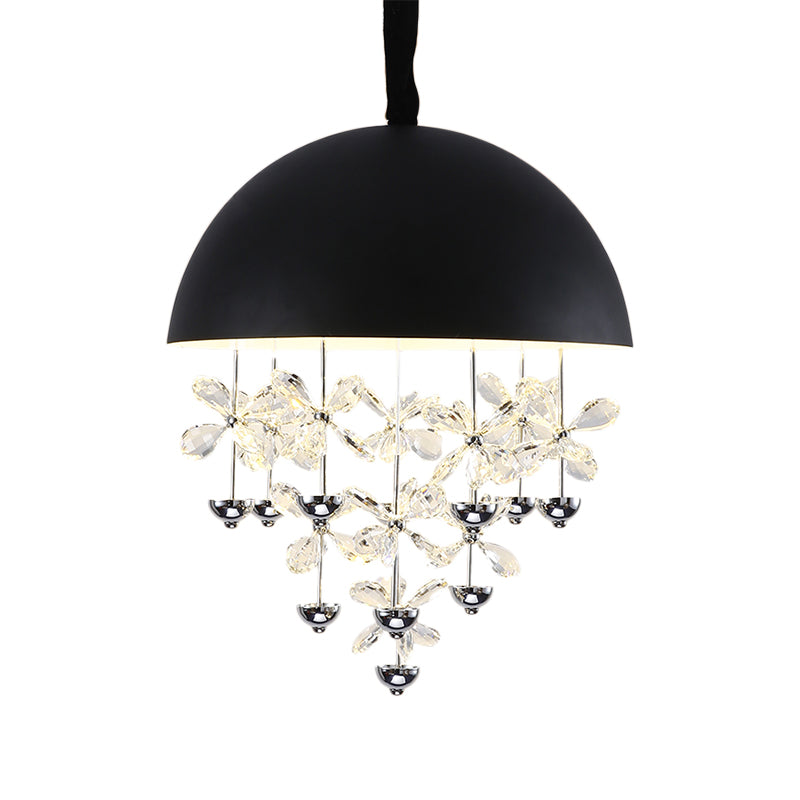 6/10 Lights Domed Pendant Light Modern Metal Hanging Ceiling Light with Crystal Flower Deco in Black/White Clearhalo 'Ceiling Lights' 'Chandeliers' 'Modern Chandeliers' 'Modern' Lighting' 153356