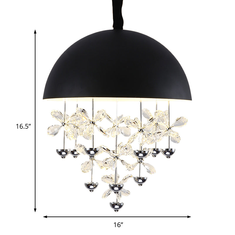 6/10 Lights Domed Pendant Light Modern Metal Hanging Ceiling Light with Crystal Flower Deco in Black/White Clearhalo 'Ceiling Lights' 'Chandeliers' 'Modern Chandeliers' 'Modern' Lighting' 153358