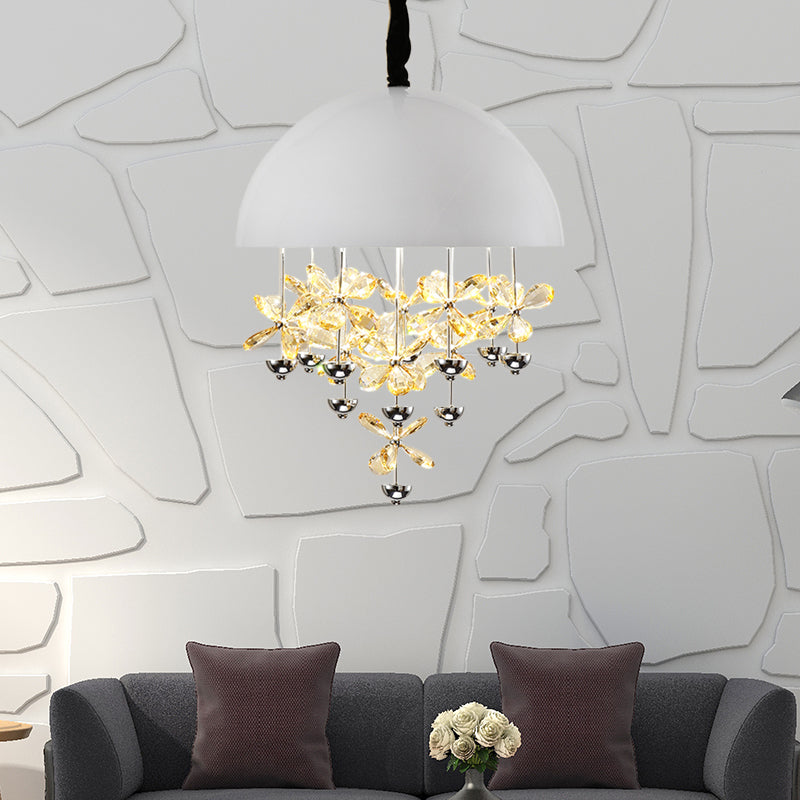 6/10 Lights Domed Pendant Light Modern Metal Hanging Ceiling Light with Crystal Flower Deco in Black/White White 16" Clearhalo 'Ceiling Lights' 'Chandeliers' 'Modern Chandeliers' 'Modern' Lighting' 153359