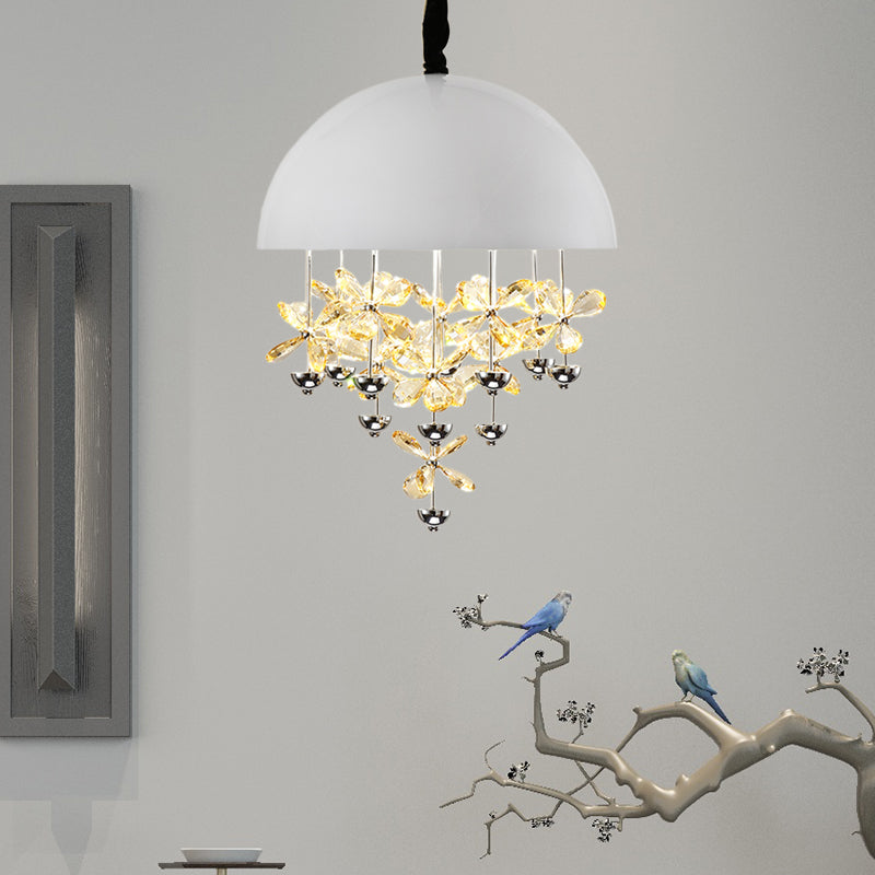 6/10 Lights Domed Pendant Light Modern Metal Hanging Ceiling Light with Crystal Flower Deco in Black/White White 14" Clearhalo 'Ceiling Lights' 'Chandeliers' 'Modern Chandeliers' 'Modern' Lighting' 153361