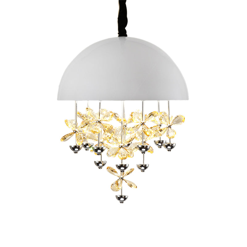 6/10 Lights Domed Pendant Light Modern Metal Hanging Ceiling Light with Crystal Flower Deco in Black/White Clearhalo 'Ceiling Lights' 'Chandeliers' 'Modern Chandeliers' 'Modern' Lighting' 153363