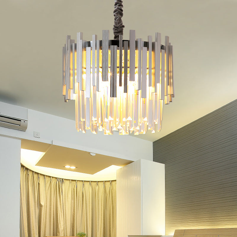 Modern Stylish Silver/Gold Pendant Lamp with Crystal Prism 6 Bulbs Suspension Lamp for Bedroom Silver Clearhalo 'Ceiling Lights' 'Chandeliers' 'Modern Chandeliers' 'Modern' Lighting' 153393