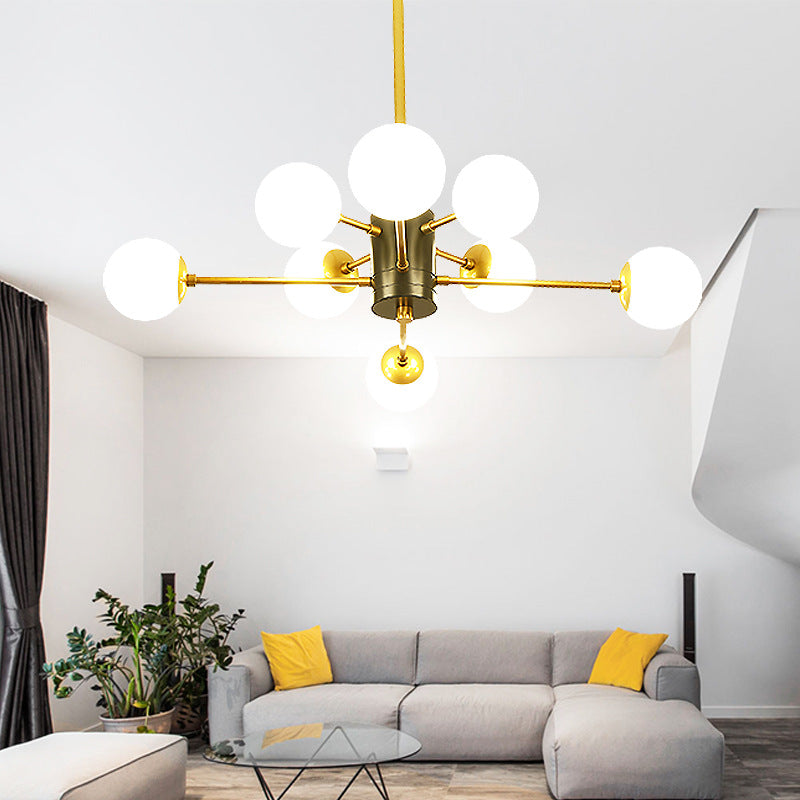 Modernist Global Milk Glass Chandelier with Burst Design 6/8/9 Lights Hanging Ceiling Lamp in Gold 8 Gold Clearhalo 'Ceiling Lights' 'Chandeliers' 'Glass shade' 'Glass' 'Modern Chandeliers' 'Modern' Lighting' 153418