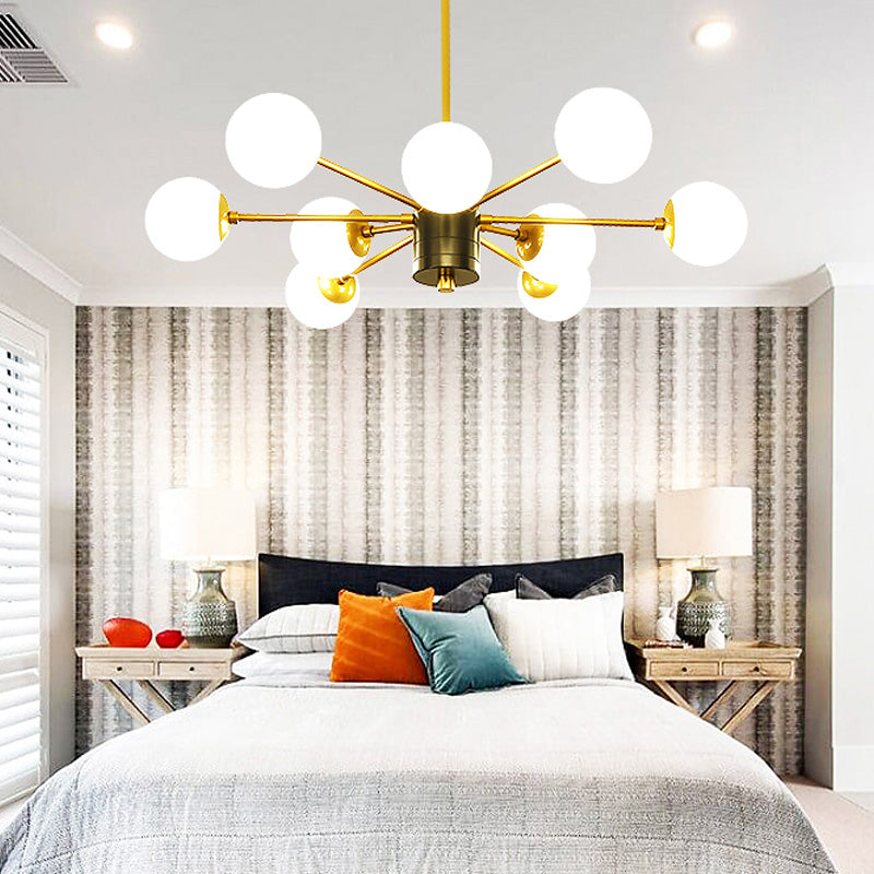 Modernist Global Milk Glass Chandelier with Burst Design 6/8/9 Lights Hanging Ceiling Lamp in Gold 9 Gold Clearhalo 'Ceiling Lights' 'Chandeliers' 'Glass shade' 'Glass' 'Modern Chandeliers' 'Modern' Lighting' 153422